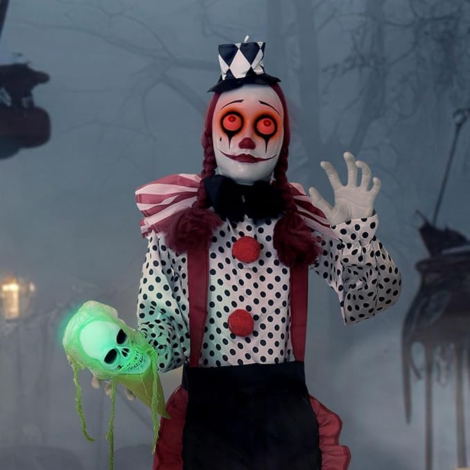 Haunted Hill Farm Life-Size Scary Talking Clown Girl, Creepy Halloween Prop with Touch Activated Lights, Poseable, Battery Operated Indoor or Covered Outdoor Halloween Decorations
