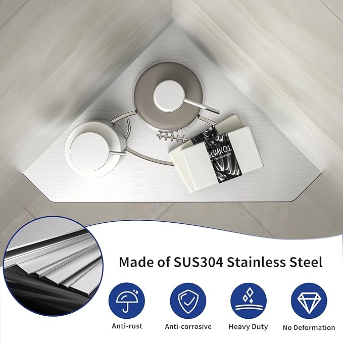 Corner Bathroom Shelf 10", 304 Stainless Steel Pentagonal Heavy Duty Floating Shelf with Football Hollows for Tiled Wall (Brushed)