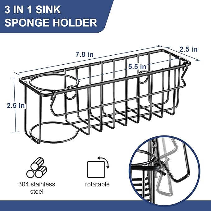 3-In-1 Sponge Holder for Kitchen Sink, 2 Type Suspension Options (Suction Cups & Adhesive Hook), Hanging Sink Caddy Organizer Rack - Sponge, Dish Cloth, Brush, Scrubber, 304 Stainless Steel - Black