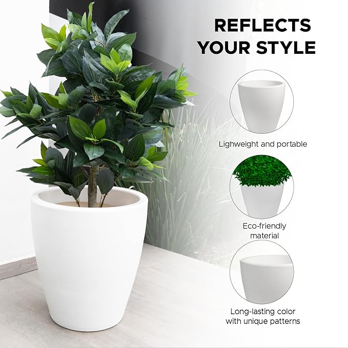 Elly Décor 23 inch Planter for Garden with Drainage, Large Round, Lightweight & Extremely Durable, Deck Indoor/Outdoor Plastic Pot, 23.6" x 21.6"x14, White