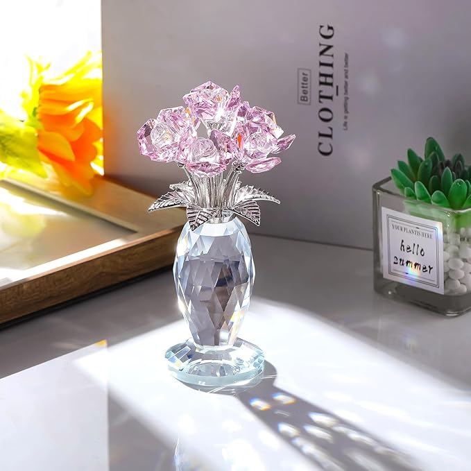 Crystal Pink Rose Bouquet Figurines Gifts for Women Romantic Flowers Ornament for Home Decor Anniversary Birthday Valentine's Day Presents for Girlfriend Wife Partner