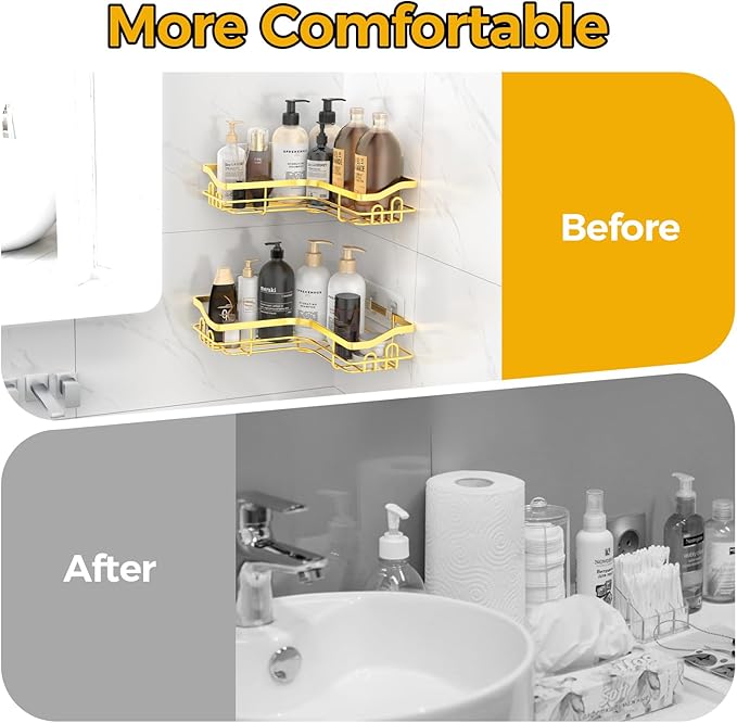 Gold Corner Adhesive Shower Caddy,Rustproof Stainless Steel Corner Shower Shelves for Bathroom Kitchen, No Drilling Wall Mounted Shower Rack for Inside Shower, 3 Pack