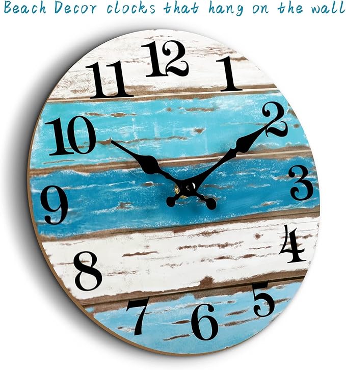 Beach Themed Blue Wall Clocks Battery Operated Silent Non-Ticking, Vintage Round Rustic Coastal Nautical Clock Decorative for Home Kitchen Living Room Office Bathroom Bedroom(10 Inch)