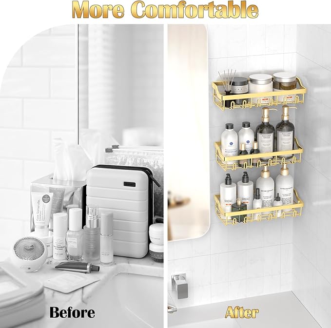 5 Pack Adhesive Shower Caddy, Rustproof Stainless Steel Shower Racks for Bathroom Organizers & Storage, Gold Wall Mounted Shower Shelves for Inside Shower Apartment Bathroom Essentials