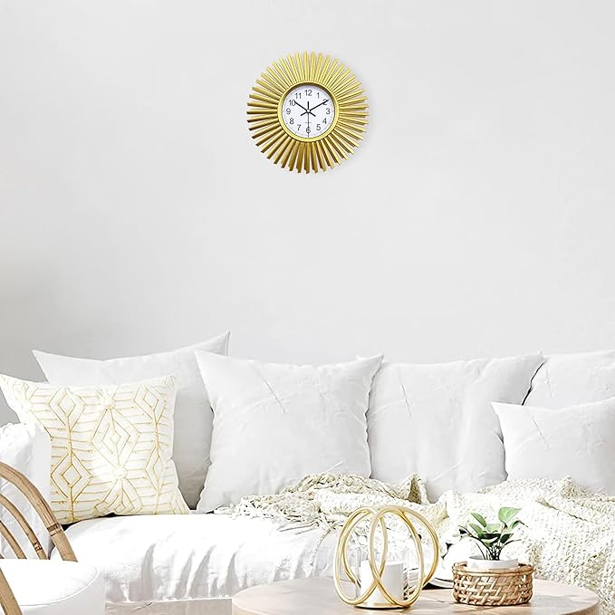 Kitchen Wall Clock, Gold Sunburst Wall Clocks Battery Operated, 10 Inch Modern Decorative Wall Clock for Living Room, Bedroom, Kitchen,Bathroom, Office