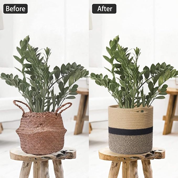 TIMEYARD Sturdy Jute Rope Plant Basket Modern Woven Baskets for 10" Flower Pot Floor Indoor Planters, 11” x 11” Storage Organizer Basket Rustic Home Decor, Black and Beige Stripes