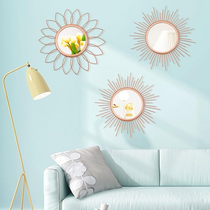3 Pack Metal Mirrors for Wall Sunburst Wall Mirrors Home Décor Decorative Hanging Wall Art for Living Room Bedroom Entryway (Rose Gold, Flower+Sunburst)