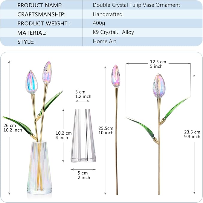Crystal Tulips Figurine - Handmade Flowers with Vase - Glass Flower Bouquet Collectible Office Home Decor Paperweight - Tulip Gifts for Women Mom Bestfriend Wedding Anniversary
