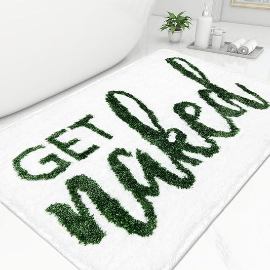 Get Naked Small Bathroom Rugs - Funny Non-Slip Bath Mat, Cute Water Absorbent Carpet for Floor Decor, Sink, Bathtub and Shower - White Green 16" x 24"