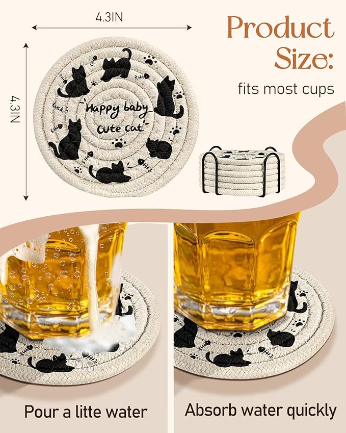 Cup Coasters for Drinks Absorbent - for Coffee Wooden Table Office Cute Farmhouse Outdoor Rustic Desk Kawaii Woven Women Kids Soft Cloth Braided Fabric Cartoon Cat Coaster Set of 6 with Holder