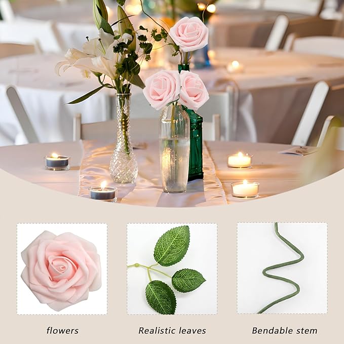 200PCS Artificial Flowers Light Pink Roses Real Looking Foam Fake Roses with Leaves and for DIY Wedding Bouquets Bridal Shower Centerpieces Party Decorations (Light Pink, 200)