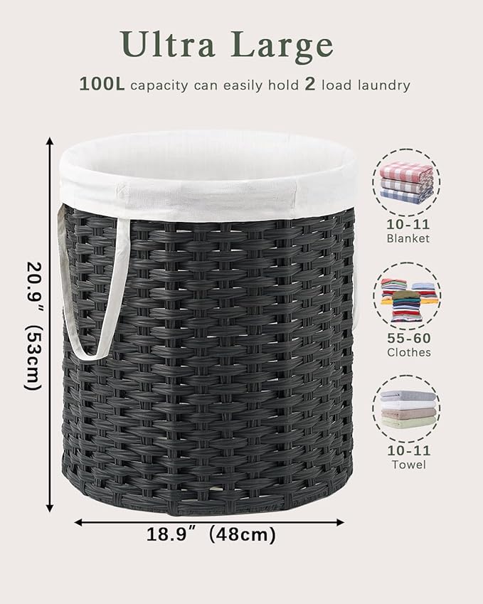 Laundry Hamper Round Laundry Basket 26.5 Gal (100L) Rattan Laundry Hamper, Handwoven Wicker Laundry Basket with Handles Removable Laundry Bag 2 Mesh Bags for Bedroom Laundry Room Black