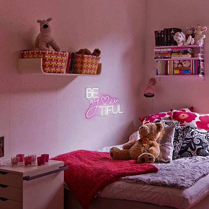 Be You Tiful Neon Led Sign, Rectangular Pink Neon Light Sign, 16.5''*11.6'', Wall Mount, Modern Love Theme, USB Powered, Acrylic Material, Perfect for Room Decor, Salon, Party, Gift