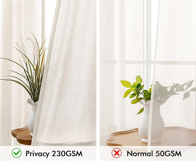MIULEE Non-See-Through Privacy Linen Curtains 2 Panels, Light Filtering Window Curtains Farmhouse Textured Back Tab Semi Sheer Drapes for Bedroom Living Room, 52 x 96 Inches Long, Natural White