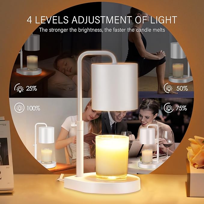 Candle Warmer Lamp Adjustable Height Dimmable Candle Lamp Warmer with Timer Compatible with Large Jar Candles No Flame Scented Candle Wax Warmer with 2 Bulbs White