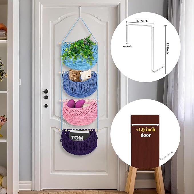 4 Tier Hanging Fruit Basket for Kitchen, 4 Pack Detachable Cotton Crocheted Wall Hanging Basket Over Door Organizer for Fruit Veggie Plant, Hanging Shelves for Bedroom Bathroom (Mixed Color)