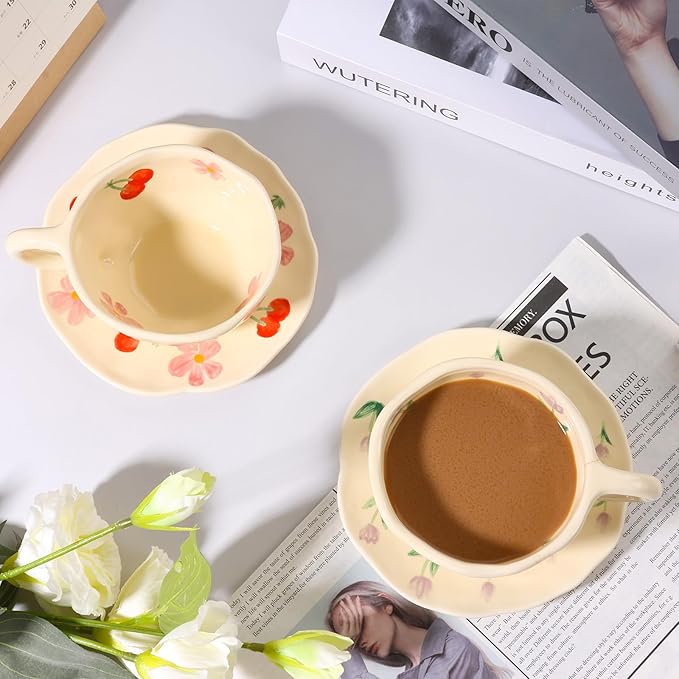 Cappuccino Cup with Saucers Set of 2 Ceramics Coffee Mugs 8 oz Latte Art Cup Vintage Aesthetic Flower Barista Cups for Americano, Tea, Espresso,Mocha, Milk - Microwave and Dishwasher Safe