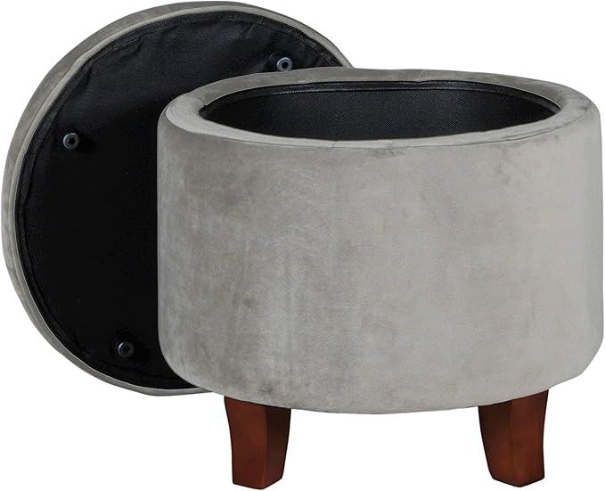 HomePop by Kinfine Fabric Upholstered Round Storage Ottoman - Velvet Button Tufted Ottoman with Removable Lid, Light Gray Small