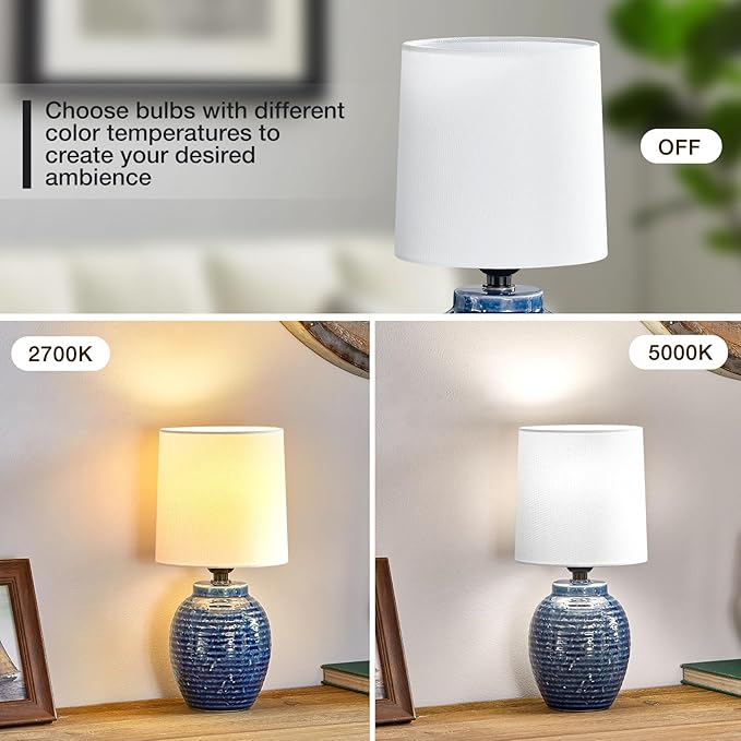 Ceramic Lamps Set of 2 - Mini Farmhouse Lamps Vintage Small Lamps Decorative for Small Spaces Bedroom Nightstand Living Room Reading Desk End Table Lamp, Blue
