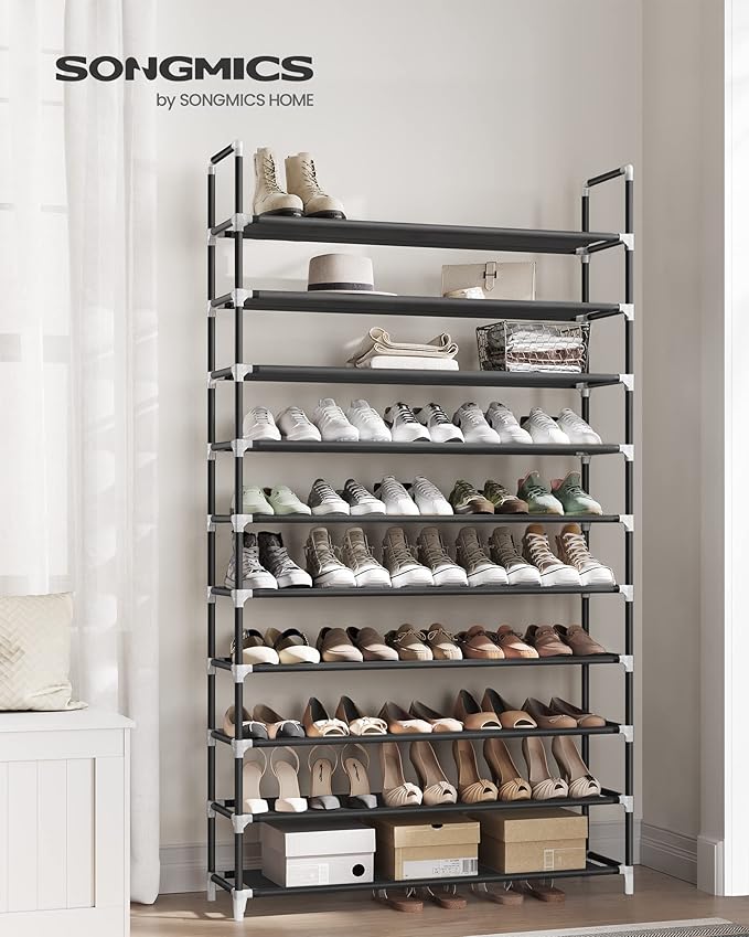 SONGMICS 10-Tier Shoe Rack, Shoe Storage for Hallway Closet, Slim and Space-Saving, Metal Frame, Non-Woven Fabric Shelves, Black ULSH11H
