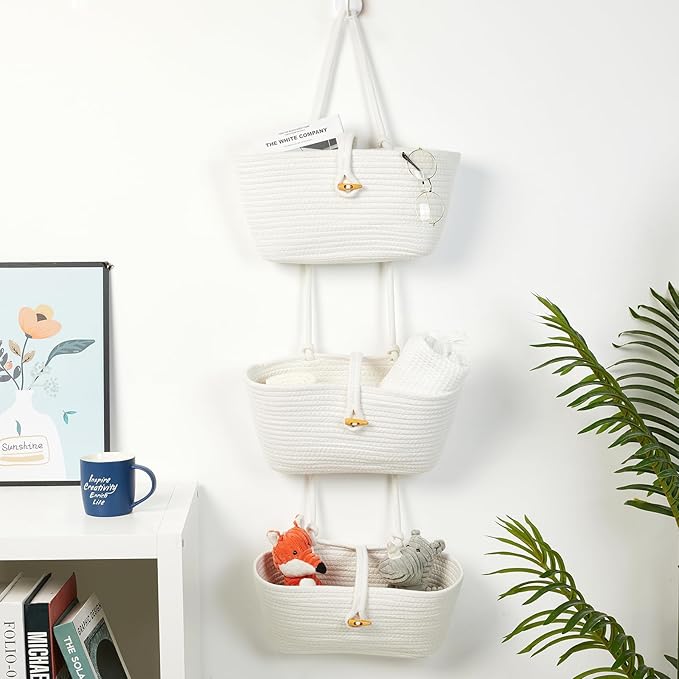 DULLEMELO Hanging Basket with Button Strap 3-Tier Woven Cotton Hanging Wall Baskets for Storage, Boho Wall Decor Hanging Storage Basket with Button Strap, White