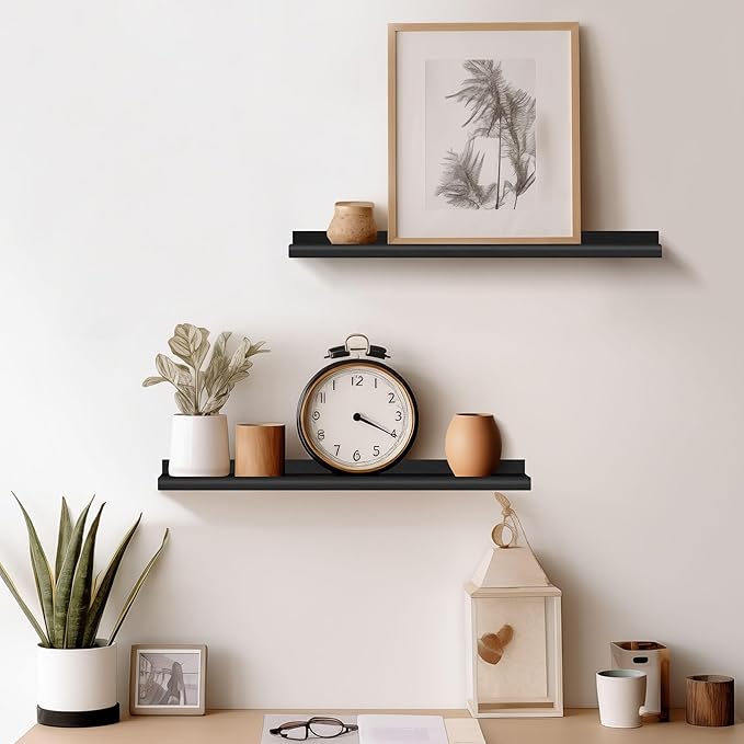 Annecy Floating Shelves Wall Mounted Set of 3, 23.6 Inch Black Rustic Wood Shelves, Storage Shelves with Guardrail Design for Bedroom, Bathroom, Kitchen, Office, 3 Different Sizes