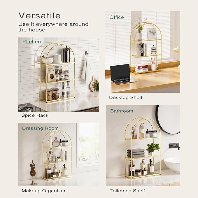 Crofy Gold Arched Frame Wall Shelf, Decorative 3 Tier Bathroom Wall Shelf with Transparent Tempered Glass Shelves and Robust Storage Capacity, 6" D x 17.9" W x 28.57" H