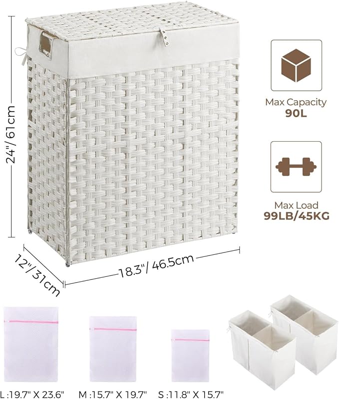 Greenstell Laundry Hamper with 2 Removable Liner Bags,90L Divided Clothes Hamper, Handwoven Synthetic Rattan Foldable Laundry Basket with Lid and Handles White (18.5 x 13.3 x 24.0Inches)