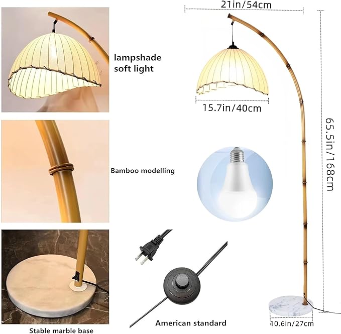 Bamboo Floor lamp Mid Century Rattan Retro Floor Light Bohemian Style LED Tall lamp for Living Room Bedroom Vintage Rattan lamp Decoration Office Standing Floor lamp