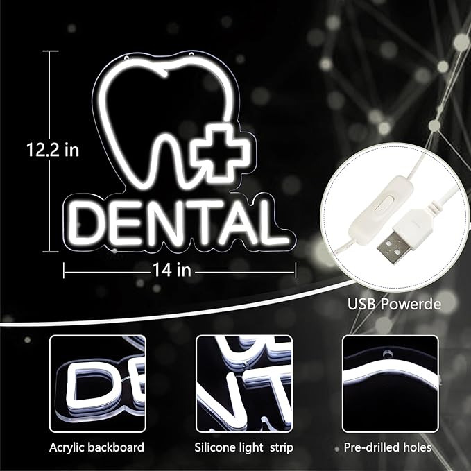 JFLLamp Dental Neon Signs for Wall Decor Neon Lights for Bedroom Led Business Signs Suitable for Dental Clinic Christmas Gift Led Art Wall Hanging Decorative 5V Power Adapter, 12.2 * 14 Inch(White)