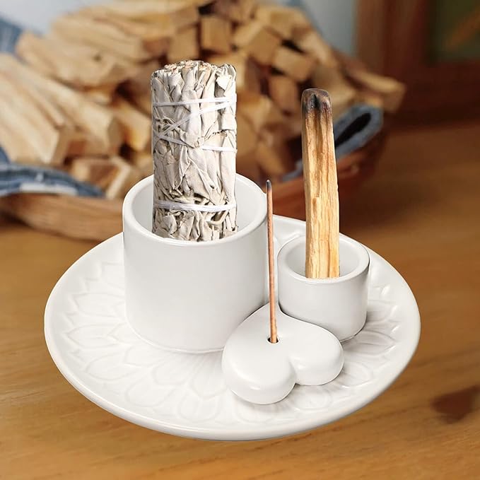 4 in 1 Incense Burner Holder,Incense Sage and Palo Santo Holder,Incense Stick Holder,Ceramic Incense Holder Ash Catcher,for Meditation Room (White)