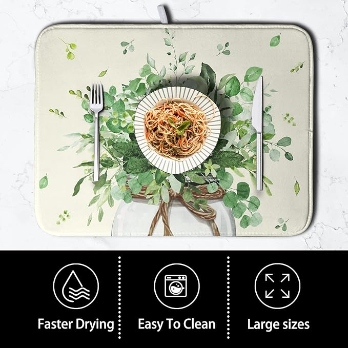Spring Sage Green Leaves Dish Drying Mat for Kitchen Counter Eucalyptus Leaf Floral Mason Jar Dishes Drainer Mats Absorbent Microfiber Dish Draining Mat Reversible Dish Pad 16x18 Inch