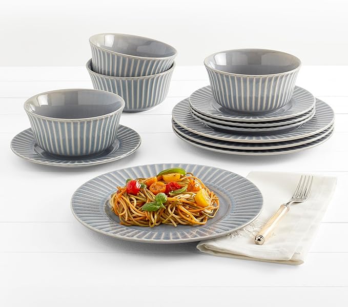 Tabletops Gallery Richmond 12-Piece Reactive Glaze Stoneware Dinnerware Set of Kitchen Dishes, Dinner Plates, Cereal Bowls, Service for 4, Gray
