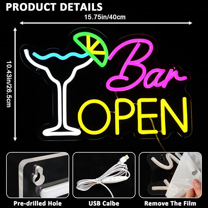 Bar Open Sign for Business, Neon Open Sign, USB Dimmable Cocktails Neon Lights for Beer Bar Coffee Cafe Home Pub Man Cave Stores Hotel Party Window Wall Decor Restaurant