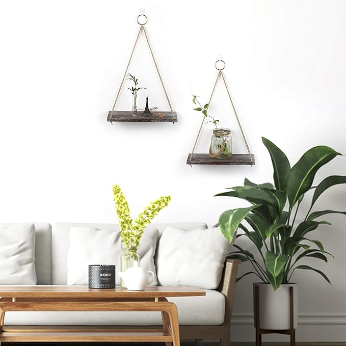 MITIME Hanging Shelves - Indoor Plant Shelf & Wall Hanging - Floating Shelves for Bedroom, Bathroom, Living Room - Macrame Wall Decor, Boho Style, Set of 2 (Medium)