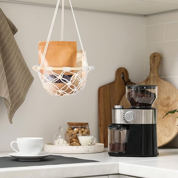 Single Tier Macrame Hanging Fruit Basket, Boho Vegetable Holder for Kitchen Food Storage with Hook, Bohemian Cotton Produce Organizer, Plant Hanger Decor for Home Bathroom Bedroom Women Christmas Gift