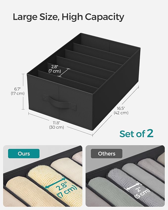 SONGMICS Set of 2 Large Size Wardrobe Clothes Organizers, 6-Compartment Foldable Drawer Organizers with Handles, 16.5 x 11.8 x 6.7 Inches, for Pants, Sweaters, Jeans, Ink Black URUS009B02