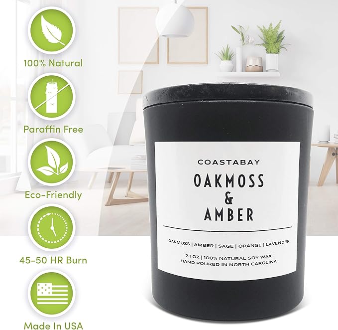 Oakmoss & Amber Candle | Natural Soy, Highly Scented Candles for Men & Women, Long Lasting 45 Hour Non-Toxic Burn, Aromatherapy, Minimalistic & Modern Design, Hand Poured in The USA – 7.1oz