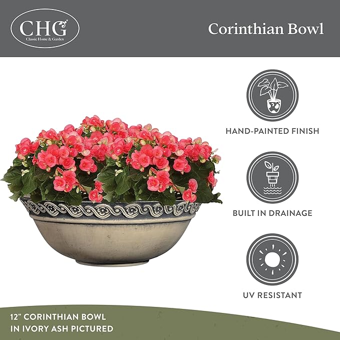 Classic Home and Garden Corinthian Shallow Planter with Drainage - Decorative Garden Bowl Planter for Succulents, Flowers, & More - UV Resistant Wide Plant Bowl for Indoors/Outdoors (12” Ivory Ash)
