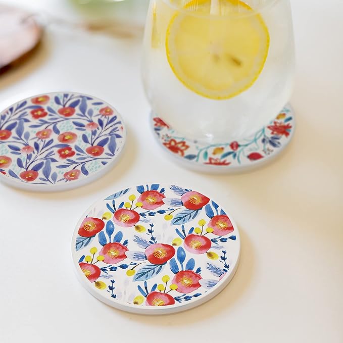 AD Set of 6 Coasters for Drinks Absorbing Round Ceramic Stone Coaster with Cork Base Tabletop Protection Mat for Mugs and Cups,Office,Kitchen (Watercolor Flowers)