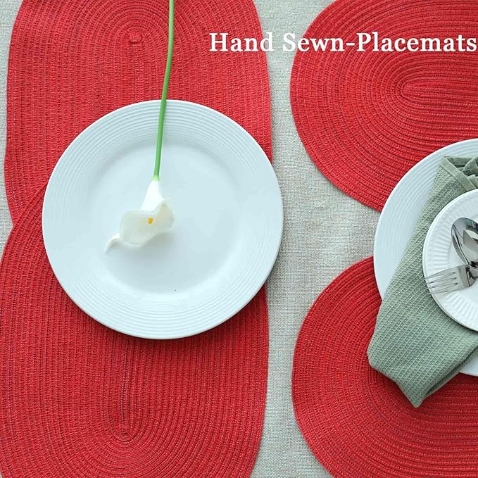 Noctiflorous Oval Braided Placemats Set of 6 Woven 12x18 Inch Non Slip Washable Heat Resistant Place Mats Round Tablemats for Dining Kitchen Party Daily Table Decor Dinner Mats (05 Red Shine, 6)