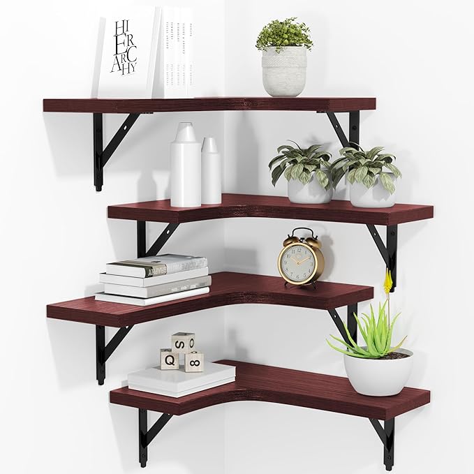 Corner Floating Shelves Wall Mounted Set of 4, Rustic Wood Storage Display Wall Shelves for Home Decor, Bathroom, Kitchen, Bedroom, Living Room, Office (Red)