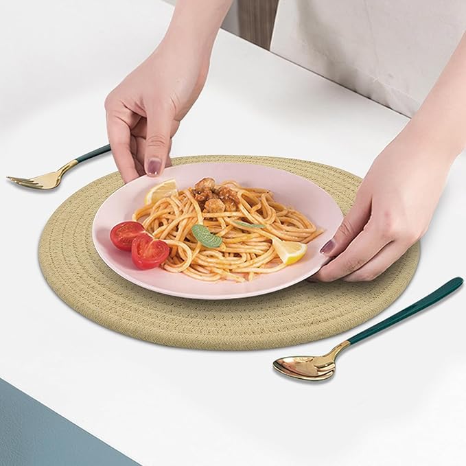 Round Placemats Set of 6, Cotton Rope Woven Table Mats, Hot Pads for Kitchen, Non Slip Heat Resistant Place Mats, 13 Inches Braided Placemat for Farmhouse Decor and Kitchen Table Decor (Khaki)