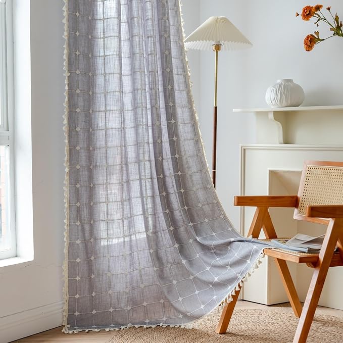 Sutuo Home Boho Curtains for Kitchen Nursery Room 63 Inches Long,Checkered Linen Light Filtering Farmhouse Bohemian Vintage Chic Tassels Window Treatment Drape, 1 Panel 52" W x 63" L, Dark Grey Plaids