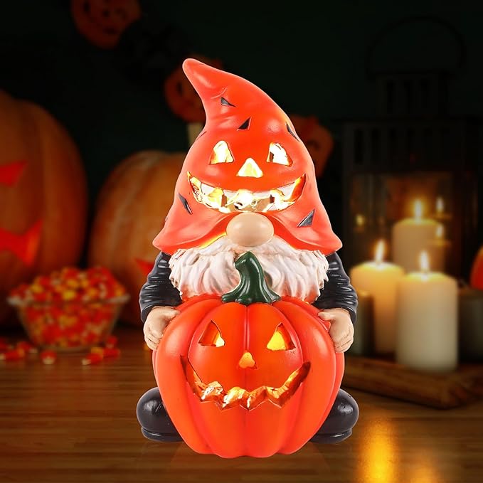 Halloween Gnomes Solar Pumpkin Decor - Unique Resin Gnome with Glowing Pumpkin, Ideal Gift for Women, Outdoor Yard Garden Halloween Decorations