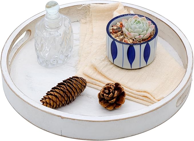 Round Wood Decorative Tray, Wooden Tray for Ottoman Coffee Table, White Washed Tray, Rustic Table Centerpiece Trays for Home Kitchen Farmhouse Table Decor (Round)