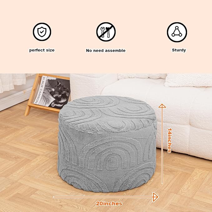 Asuprui Round Ottoman Pouf Ottoman Foot Stool Seat Faux Fur Bean Bag Foot Rest Floor Chair Leg Rest for Living Room, Bedroom or Wedding Gifts 20x20x14 Inches (Quiet Gray)