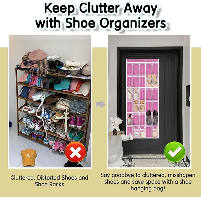 Over the Door Shoe Organizer with 30 Breathable Mesh Pockets - Large Capacity Closet Storage for Men & Women, Hanging Shoe Rack Organizer (Pink)