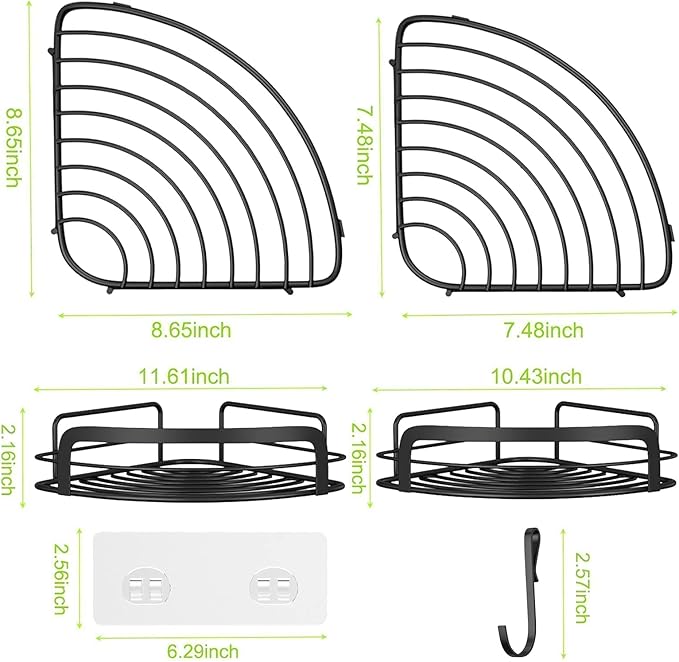 STEUGO Black Bathroom Corner Shower Shelfs, Adhesive Wall Mounted Shower Caddy with 4 Movable Hooks, Rustproof Stainless Steel Bathroom Shower Organizer, No Drilling Wall Mount 2-Pack