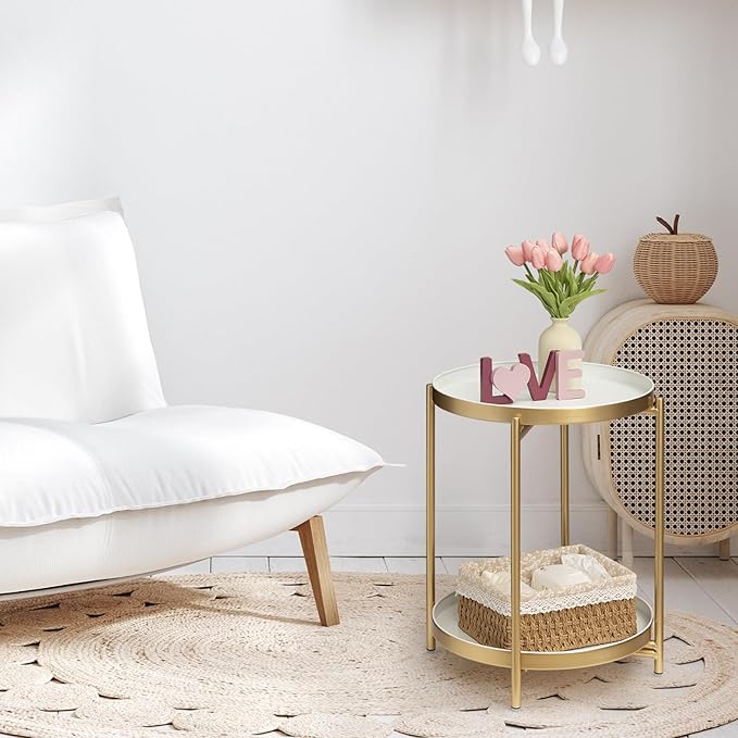 TeoKJ 2 Tier Gold Side Table, Folding Round Metal End Table Small Nightstand with Two Removable Tray for Bedroom Living Room Bedside Small Spaces Gold + White